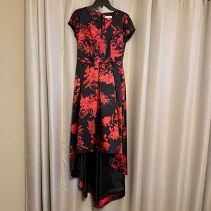 Calvin Klein Black and Red High Low Floral Dress Size 4, w/ Pockets, Cap Sleeve